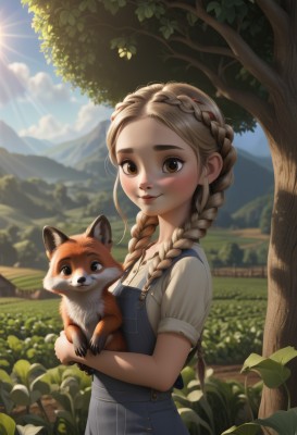 1girl,solo,long hair,looking at viewer,blush,smile,blonde hair,brown hair,shirt,holding,twintails,brown eyes,closed mouth,standing,white shirt,braid,flower,short sleeves,outdoors,sky,day,artist name,cloud,blurry,twin braids,tree,blue sky,lips,depth of field,animal,leaf,sunlight,light brown hair,thick eyebrows,grass,plant,child,nature,hair over shoulder,forehead,freckles,dog,mountain,nose,sun,overalls,holding animal,dappled sunlight,mountainous horizon,blue overalls,upper body,collared shirt,buttons,blurry background,carrying,crown braid,field,fox