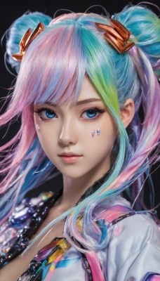 1girl,solo,long hair,looking at viewer,bangs,blue eyes,simple background,hair ornament,twintails,closed mouth,blue hair,jacket,upper body,pink hair,multicolored hair,green hair,open clothes,artist name,signature,hair bun,two-tone hair,open jacket,lips,streaked hair,eyelashes,double bun,aqua hair,gradient hair,makeup,facial mark,black background,portrait,realistic,nose,mascara,blonde hair,zipper,rainbow hair