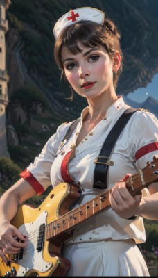 1girl,solo,breasts,looking at viewer,short hair,bangs,skirt,brown hair,hat,holding,brown eyes,jewelry,medium breasts,short sleeves,earrings,outdoors,parted lips,nail polish,bra,blurry,black eyes,lips,makeup,blurry background,cross,lipstick,instrument,red nails,nurse cap,music,guitar,red lips,nurse,playing instrument,holding instrument,electric guitar,plectrum,smile,dress,upper body,sky,day,white dress,blood,buttons,realistic,nose,strap