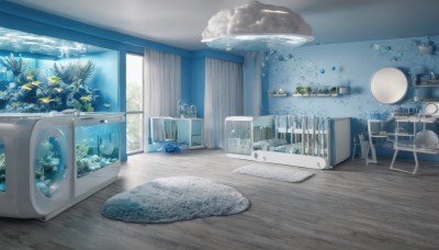 day,indoors,water,tree,cup,pillow,book,no humans,window,bed,chair,table,sunlight,plant,curtains,scenery,couch,plate,fish,bubble,wooden floor,underwater,lamp,bedroom,shelf,carpet,air bubble,cabinet,coral,aquarium