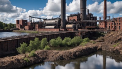 outdoors,sky,day,cloud,water,tree,blue sky,military,no humans,cloudy sky,ground vehicle,building,nature,scenery,reflection,ruins,bridge,overgrown,post-apocalypse