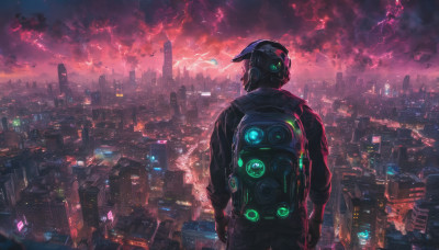 solo, gloves, 1boy, jacket, male focus, sky, cloud, from behind, helmet, cloudy sky, building, scenery, science fiction, city, cityscape, skyscraper, cyberpunk