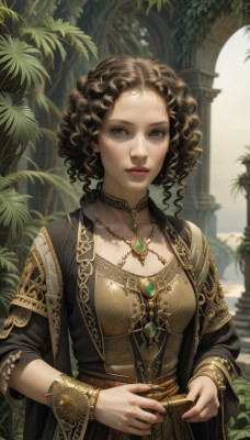 1girl,solo,breasts,looking at viewer,short hair,blue eyes,brown hair,black hair,long sleeves,dress,holding,jewelry,medium breasts,upper body,outdoors,parted lips,choker,day,wide sleeves,necklace,bracelet,lips,grey eyes,makeup,leaf,wavy hair,ring,plant,gem,curly hair,gold trim,robe,realistic,fantasy,pillar,cleavage,standing,indoors,fingernails,watermark,knife,stairs,column