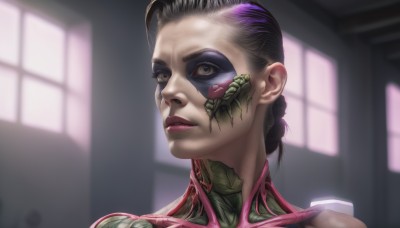 1girl,solo,looking at viewer,short hair,black hair,purple hair,braid,multicolored hair,parted lips,indoors,blurry,two-tone hair,lips,grey eyes,window,makeup,blurry background,facial mark,portrait,realistic,nose,facepaint,bodysuit,bug,science fiction,cyborg,alien