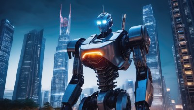 solo,blue eyes,weapon,sky,no humans,night,glowing,robot,building,mecha,glowing eyes,science fiction,city,realistic,cityscape,skyscraper,radio antenna,upper body,lights,skyline