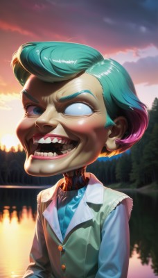 1girl,solo,smile,short hair,open mouth,blue eyes,shirt,1boy,blue hair,upper body,pink hair,male focus,multicolored hair,outdoors,green hair,sky,teeth,shiny,cloud,water,grin,vest,two-tone hair,tree,lips,aqua hair,gradient hair,reflection,sunset,horror (theme),collared shirt,eyelashes,buttons,sharp teeth,nose,joints,blue vest,no pupils,cyborg