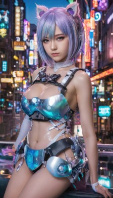 1girl,solo,breasts,looking at viewer,short hair,bangs,blue eyes,large breasts,gloves,navel,animal ears,cleavage,bare shoulders,medium breasts,blue hair,purple hair,outdoors,choker,midriff,cat ears,lips,fake animal ears,building,science fiction,city,realistic,cyberpunk,underwear,panties,armor,black panties,night,revealing clothes,android,cityscape,cyborg,city lights