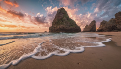 outdoors, sky, cloud, water, no humans, ocean, beach, cloudy sky, scenery, sunset, rock, sand, horizon, waves, shore