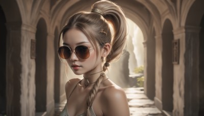 1girl,solo,long hair,breasts,looking at viewer,blonde hair,brown hair,hair ornament,cleavage,bare shoulders,brown eyes,jewelry,medium breasts,closed mouth,collarbone,upper body,ponytail,braid,earrings,outdoors,glasses,choker,day,artist name,blurry,lips,single braid,depth of field,blurry background,sunglasses,high ponytail,hair over shoulder,realistic,nose,hair tie,round eyewear,tinted eyewear,hair pulled back,pillar,aviator sunglasses,blue eyes,parted lips,indoors,necklace,sunlight,portrait,forehead,backlighting,looking over eyewear