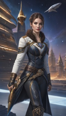 1girl,solo,breasts,looking at viewer,short hair,brown hair,gloves,long sleeves,brown eyes,jewelry,medium breasts,standing,weapon,earrings,outdoors,sky,belt,pants,sword,armor,lips,fur trim,makeup,night,knife,lipstick,star (sky),night sky,starry sky,walking,realistic,aircraft,nose,arms at sides,red lips,spacecraft,airship,holding,artist name,holding weapon,black pants,gem,gold trim