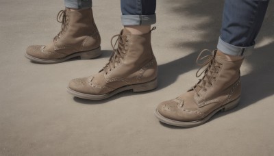 1boy,standing,male focus,boots,shoes,pants,shadow,brown footwear,denim,cross-laced footwear,out of frame,jeans,blue pants,lace-up boots,shoelaces,1girl,close-up,realistic,lower body,pants tucked in