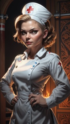 1girl,solo,breasts,looking at viewer,short hair,blonde hair,brown hair,long sleeves,hat,brown eyes,jewelry,medium breasts,closed mouth,standing,indoors,lips,makeup,buttons,cross,freckles,hands on hips,realistic,nose,nurse cap,red lips,nurse,red cross,ring,angry,curly hair