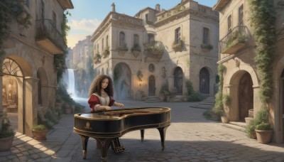 1girl,solo,long hair,smile,brown hair,dress,sitting,closed eyes,outdoors,sky,day,water,tree,blue sky,book,window,table,sunlight,plant,building,instrument,scenery,stairs,city,fantasy,music,potted plant,vines,playing instrument,arch,balcony,fountain,brown eyes,jewelry,cloud,necklace,piano