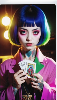 1girl,solo,breasts,looking at viewer,short hair,bangs,blue eyes,long sleeves,holding,jewelry,closed mouth,blue hair,jacket,upper body,multicolored hair,choker,blunt bangs,necklace,nail polish,mole,blurry,lips,eyelashes,mole under eye,tattoo,makeup,blurry background,bob cut,ring,lipstick,black nails,eyeshadow,freckles,card,nose,red lips,eyeliner,pink jacket,arm tattoo,playing card,holding card,mascara,neck tattoo,shirt,green hair,collared shirt,fingernails,cross,pocket,realistic,cross necklace,facial tattoo,spade (shape),nail art