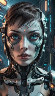 1girl,solo,looking at viewer,short hair,blue eyes,brown hair,black hair,upper body,parted lips,blurry,lips,eyelashes,makeup,blurry background,headgear,facial mark,portrait,close-up,eyeshadow,freckles,science fiction,realistic,nose,android,joints,cable,straight-on,cyborg,robot joints,cyberpunk,mechanical parts,aqua eyes,glowing,expressionless,headset,facepaint,hologram