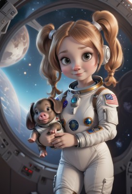 1girl,solo,long hair,looking at viewer,smile,brown hair,holding,twintails,brown eyes,closed mouth,cowboy shot,lips,animal,star (sky),forehead,freckles,dog,realistic,space,holding animal,planet,earth (planet),american flag,spacesuit,japanese flag,space helmet,astronaut,blonde hair,braid,star (symbol),bodysuit,moon,short twintails,nose,alien