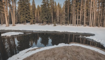 outdoors,sky,day,water,tree,blue sky,no humans,nature,scenery,snow,forest,reflection,road,winter,bare tree,river,pine tree,cloud,bush,landscape,lake,reflective water