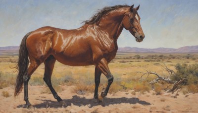 solo,outdoors,sky,day,tree,blue sky,no humans,shadow,animal,traditional media,grass,scenery,realistic,painting (medium),animal focus,horse,bare tree,long hair,from side,field,desert,horseback riding