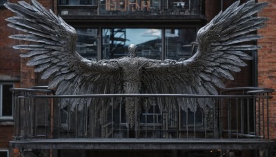 solo,outdoors,wings,day,no humans,window,building,scenery,feathered wings,angel wings,stairs,white wings,railing,angel,statue,white hair,sky,cloud,feathers,multiple wings