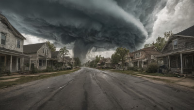 outdoors, sky, cloud, tree, dutch angle, no humans, window, cloudy sky, grass, ground vehicle, building, scenery, motor vehicle, road, house, street