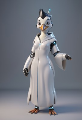 1girl,solo,breasts,looking at viewer,brown eyes,medium breasts,standing,full body,small breasts,hood,grey background,see-through,no humans,mask,bird,robot,furry,science fiction,robe,furry female,android,joints,cyborg,robot joints,talons,beak,fewer digits,humanoid robot,digitigrade,simple background,black hair,dress,jewelry,barefoot,white dress,black eyes,white robe