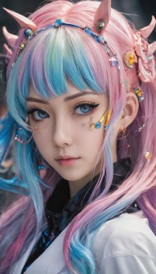 1girl,solo,long hair,looking at viewer,bangs,blue eyes,shirt,hair ornament,animal ears,jewelry,closed mouth,blue hair,upper body,pink hair,multicolored hair,hairband,earrings,necktie,horns,collared shirt,blunt bangs,star (symbol),nail polish,blurry,two-tone hair,lips,black shirt,eyelashes,aqua hair,gradient hair,makeup,blurry background,portrait,eyeshadow,pink lips,realistic,nose,mascara,piercing,gem