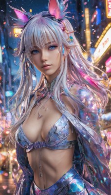 1girl,solo,long hair,breasts,looking at viewer,bangs,blue eyes,hair ornament,navel,animal ears,cleavage,jewelry,medium breasts,closed mouth,underwear,swimsuit,upper body,white hair,bikini,outdoors,midriff,necklace,bra,blurry,lips,see-through,night,blurry background,piercing,bikini top only,realistic,navel piercing,hairband,pointy ears