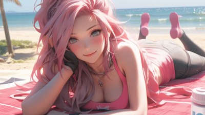 1girl,solo,long hair,breasts,looking at viewer,blush,smile,bangs,blue eyes,large breasts,shirt,gloves,cleavage,bare shoulders,jewelry,medium breasts,closed mouth,collarbone,ponytail,pink hair,ass,multicolored hair,outdoors,lying,sky,shoes,sleeveless,day,black gloves,pants,fingerless gloves,water,necklace,blurry,tree,cup,blue sky,lips,grey eyes,bare arms,eyelashes,sleeveless shirt,makeup,depth of field,blurry background,ocean,beach,no shoes,black pants,tank top,denim,on stomach,towel,hand on own face,legs up,pink shirt,head rest,jeans,partially fingerless gloves,pink lips,sand,palm tree,pink footwear,hand on own cheek,disposable cup,feet up,the pose,shorts,feet,short shorts,thigh strap,soles,bottle,single glove,horizon,water bottle