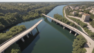 outdoors,day,water,tree,no humans,from above,building,nature,scenery,forest,city,road,watercraft,bridge,river,boat,landscape,lake,sky,ocean