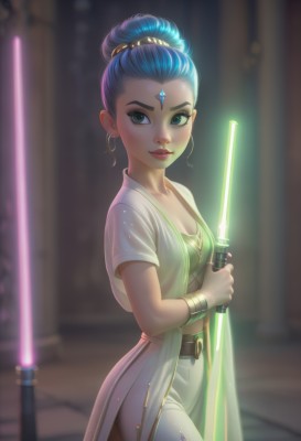 1girl,solo,breasts,looking at viewer,smile,blue eyes,holding,cleavage,jewelry,closed mouth,green eyes,blue hair,weapon,short sleeves,earrings,small breasts,belt,pants,sword,hair bun,holding weapon,blurry,bracelet,lips,makeup,blurry background,facial mark,holding sword,single hair bun,freckles,science fiction,forehead mark,realistic,forehead jewel,energy sword,lightsaber,blush,hair ornament,standing,cowboy shot,artist name