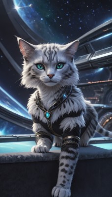 solo,looking at viewer,smile,blue eyes,jewelry,closed mouth,green eyes,sky,indoors,signature,necklace,no humans,animal,cat,gem,star (sky),starry sky,space,animal focus,white fur,planet,whiskers,artist name,pendant,realistic,white cat