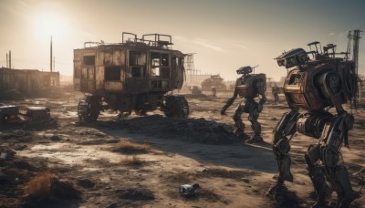 standing,weapon,outdoors,sky,gun,military,no humans,robot,ground vehicle,building,scenery,mecha,motor vehicle,science fiction,realistic,sun,military vehicle,ruins,dirty,damaged,desert,dust,non-humanoid robot,radio antenna,truck,sunset,rock,car,rubble