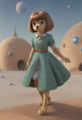 1girl,solo,looking at viewer,smile,short hair,bangs,brown hair,hair ornament,dress,animal ears,brown eyes,closed mouth,standing,tail,full body,short sleeves,outdoors,sky,shorts,barefoot,day,hairclip,belt,artist name,signature,blunt bangs,flat chest,blue sky,plaid,buttons,blue dress,watermark,moon,happy,bob cut,antenna hair,child,star (sky),dog ears,furry,starry sky,walking,belt buckle,sand,furry female,dog girl,collared dress,female child,brown belt,body fur,crescent moon,planet,animal nose,spacecraft,desert,animal feet,puffy sleeves,puffy short sleeves,shadow,green dress,dog,dog tail,long dress,brown fur,dust,footprints