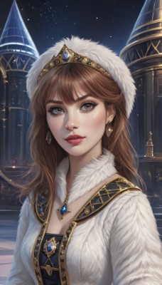 1girl,solo,long hair,breasts,looking at viewer,bangs,brown hair,hat,cleavage,brown eyes,jewelry,medium breasts,closed mouth,upper body,earrings,outdoors,sky,signature,necklace,lips,coat,fur trim,eyelashes,makeup,night,white headwear,crown,building,gem,star (sky),night sky,starry sky,fur collar,gold trim,realistic,nose,white coat,red lips,fur hat,blue gemstone,red gemstone,shirt,jacket,tiara,lipstick,city,tower