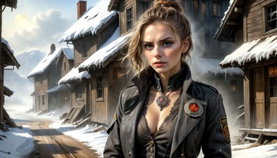 HQ,1girl,solo,breasts,looking at viewer,short hair,blue eyes,blonde hair,large breasts,brown hair,cleavage,jewelry,medium breasts,jacket,upper body,ponytail,outdoors,parted lips,open clothes,sky,choker,cloud,necklace,lips,moon,building,snow,pendant,mountain,realistic,badge,day