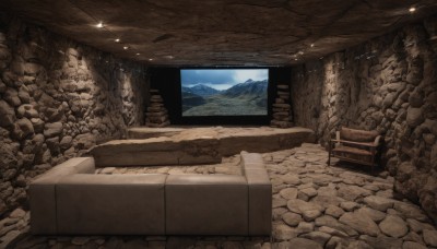 outdoors,sky,day,cloud,no humans,scenery,rock,stairs,mountain,ruins,landscape,indoors,blue sky,chair,stone