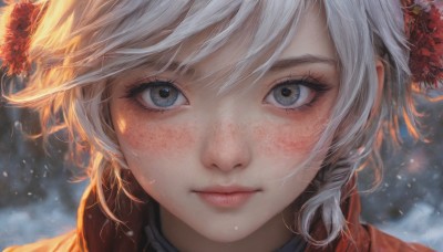 1girl,solo,looking at viewer,blush,short hair,bangs,blue eyes,hair ornament,closed mouth,flower,white hair,hair flower,blurry,lips,grey eyes,eyelashes,blurry background,portrait,snow,close-up,freckles,snowing,realistic,nose,hat,outdoors,expressionless,wind,winter