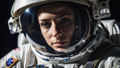 1girl,solo,looking at viewer,black hair,brown eyes,closed mouth,upper body,blurry,black eyes,lips,depth of field,helmet,black background,portrait,freckles,reflection,realistic,space,planet,spacesuit,space helmet,astronaut,1boy,male focus,star (sky),close-up,science fiction,serious,earth (planet),american flag,japanese flag