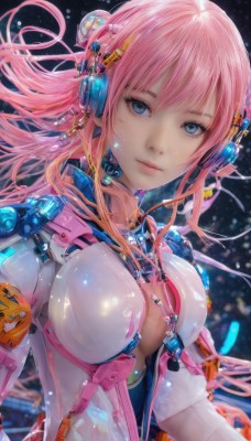 1girl,solo,long hair,breasts,looking at viewer,bangs,blue eyes,large breasts,cleavage,medium breasts,closed mouth,upper body,pink hair,shiny,lips,eyelashes,bodysuit,floating hair,headphones,skin tight,headset,science fiction,realistic,cable,hair ornament,hair bun,see-through