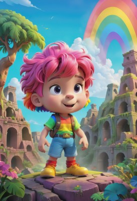 solo,smile,short hair,open mouth,shirt,1boy,standing,purple eyes,full body,pink hair,flower,short sleeves,male focus,multicolored hair,outdoors,sky,shoes,shorts,day,socks,striped,belt,artist name,cloud,bag,two-tone hair,tree,blue sky,bird,backpack,plant,building,messy hair,child,blue shorts,palm tree,male child,rainbow,waterfall,1girl,blue eyes,boots,teeth,cloudy sky,grass,denim,t-shirt,red footwear,buckle,green shirt,rainbow hair