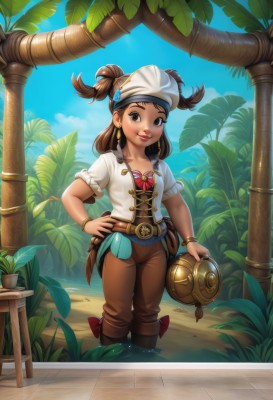 1girl,solo,long hair,breasts,looking at viewer,smile,brown hair,shirt,hat,bow,holding,brown eyes,jewelry,standing,collarbone,white shirt,short sleeves,earrings,boots,outdoors,sky,day,belt,pants,cloud,dark skin,water,bracelet,dark-skinned female,two side up,tree,blue sky,lips,hand on hip,makeup,ocean,leaf,watermark,beach,brown footwear,plant,lipstick,web address,wading,pouch,nose,bandana,palm tree,red lips,bangle,brown pants,twintails,jacket,small breasts,potted plant,pirate,barrel,watering can