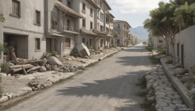 outdoors,sky,day,artist name,cloud,tree,blue sky,no humans,window,shadow,watermark,grass,plant,building,scenery,rock,stairs,door,road,bush,wall,ruins,house,street,path,mountain,landscape,stone