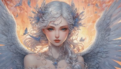 1girl,solo,long hair,looking at viewer,blue eyes,hair ornament,bare shoulders,jewelry,upper body,flower,white hair,grey hair,earrings,parted lips,wings,necklace,lips,eyelashes,wavy hair,bug,feathers,gem,butterfly,portrait,feathered wings,angel wings,circlet,white wings,angel,red lips,bangs,closed mouth,artist name,parted bangs,makeup,facial mark,pendant,nose,straight-on,blue butterfly,blue wings,head chain