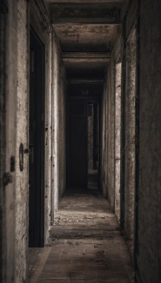 monochrome,indoors,no humans,scenery,wooden floor,door,tile floor,open door,hallway,doorway,brown theme,window,stairs,wall,horror (theme)