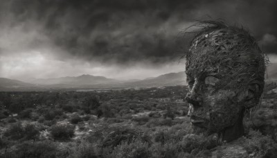 solo,1boy,standing,monochrome,greyscale,outdoors,sky,cloud,water,armor,no humans,ocean,cloudy sky,scenery,1other,monster,mountain,giant,waves,ambiguous gender,flower,from side,field,landscape