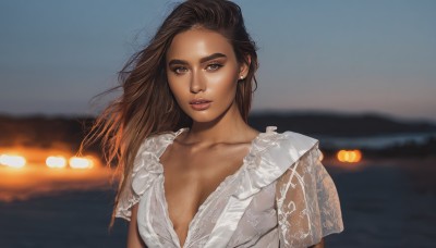 1girl,solo,long hair,breasts,looking at viewer,brown hair,shirt,dress,cleavage,brown eyes,jewelry,medium breasts,collarbone,white shirt,upper body,short sleeves,earrings,outdoors,parted lips,teeth,dark skin,water,white dress,blurry,dark-skinned female,lips,see-through,depth of field,blurry background,ocean,realistic,nose,large breasts,sky,makeup,night,floating hair,thick eyebrows,ground vehicle,wind,lace,motor vehicle,forehead,red lips,car,bokeh