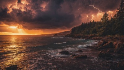 outdoors,sky,cloud,water,tree,no humans,ocean,beach,sunlight,cloudy sky,nature,scenery,forest,sunset,rock,mountain,sun,horizon,river,waves,lightning,landscape,shore,cliff,fire,fantasy,electricity