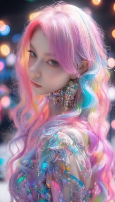 1girl,solo,long hair,breasts,looking at viewer,bangs,blue eyes,jewelry,closed mouth,blue hair,upper body,pink hair,multicolored hair,earrings,necklace,blurry,from side,lips,looking to the side,grey eyes,makeup,depth of field,blurry background,wavy hair,gem,freckles,bokeh,smile,artist name,parted bangs,eyelashes,lipstick,portrait,realistic,nose,red lips,mascara