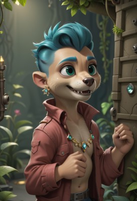 solo,smile,open mouth,1boy,navel,animal ears,jewelry,green eyes,blue hair,jacket,male focus,earrings,outdoors,open clothes,teeth,belt,necklace,blurry,open jacket,leaf,fangs,plant,sharp teeth,red jacket,furry,clenched hands,freckles,furry male,male child,leather,mohawk,buck teeth,blue eyes,pointy ears,artist name,watermark,topless male