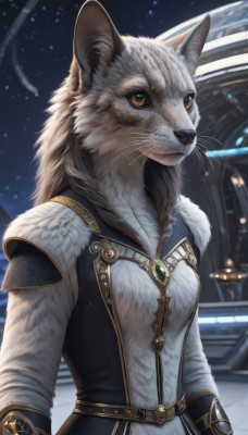 1girl,solo,long hair,breasts,long sleeves,animal ears,brown eyes,jewelry,closed mouth,upper body,small breasts,outdoors,sky,belt,artist name,signature,armor,blurry,night,blurry background,animal,looking up,brooch,gem,star (sky),furry,furry female,arms at sides,body fur,white fur,animal nose,whiskers,yellow eyes,braid,cat ears,realistic